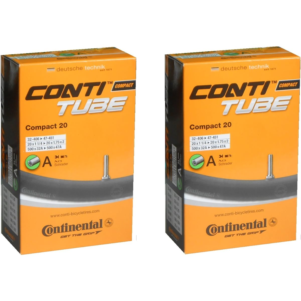 Set of 2 Continental Compact20 Tube 20 x 1 1/4-20 x 1.75 x 2 (32-406 x 47-451) American Style Valve 500 x 32A-500 x 47A (Valve Length 34mm) [Parallel Import]
