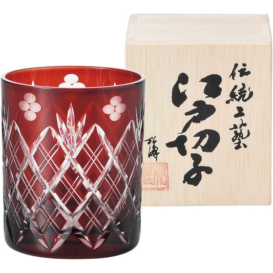Edo Kiriko Glass Rocks Glass 250ml Red Small Flower Sword Yarai Crest (In Wooden Box) Made in Japan 223527