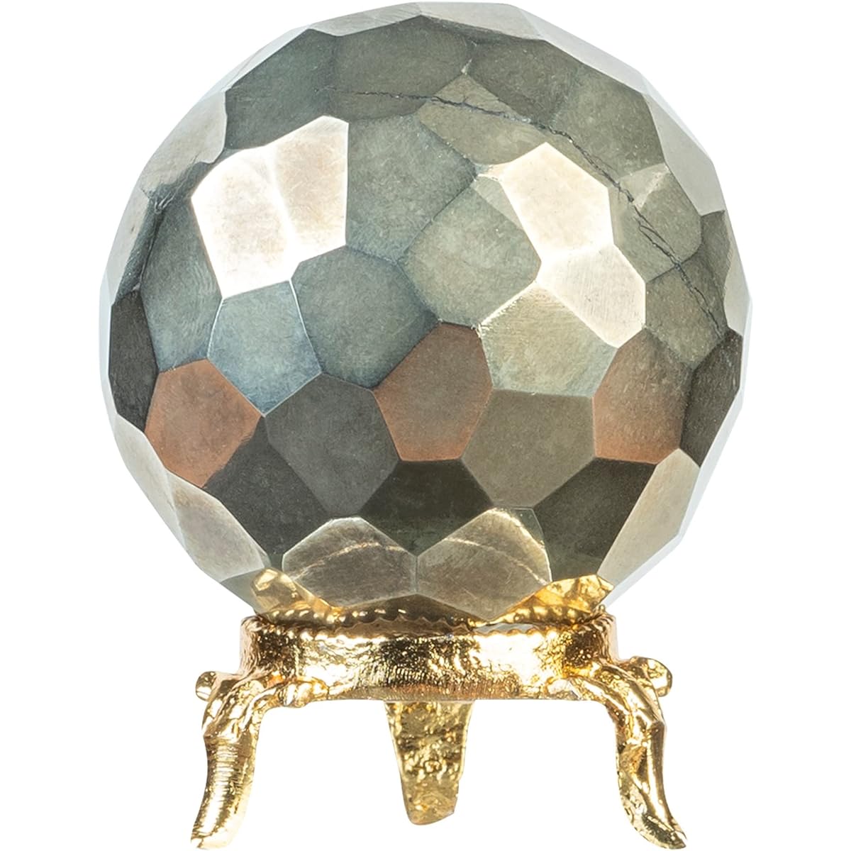 Crocon Golden Pyrite Diamond Cut Crystal Ball with Metal Stand | Gemstone Ball Healing Sphere Sculpture Figure | Feng Shui Fortune Telling Home Decoration | Crystal Ball | Size: 50-60mm