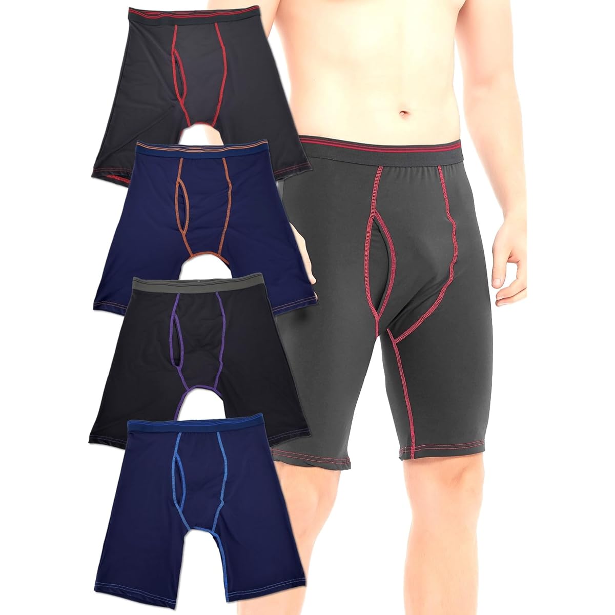 [Chebarian] S-8L Open Front Long Boxer Shorts, Quick Dry, Above Knee Length, Men's Set of 4, 8, and 12 Pieces