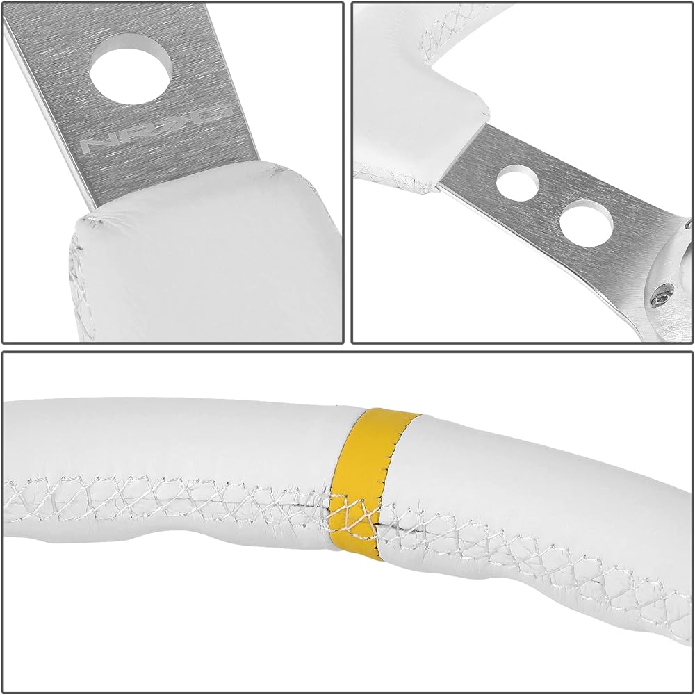 NRG Handle -Deep Dish -350mm (13.78 inches) - White Stitch on White Leather -Yellow Center Marking -Part Number ST -WT -Y by NRG Innovations
