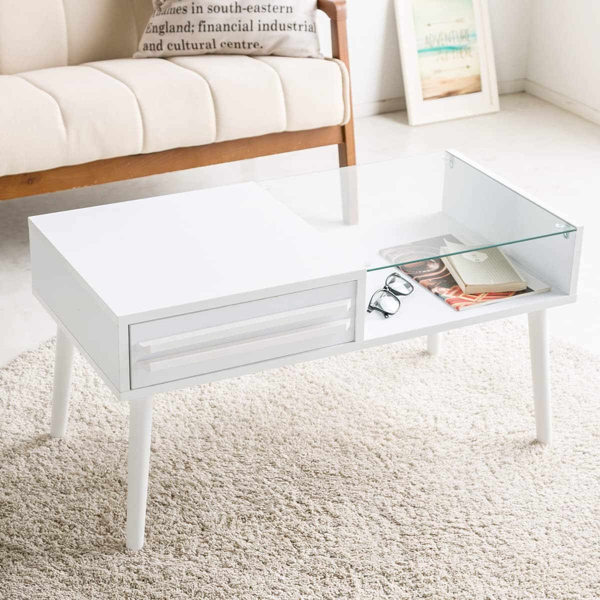 System K Center Table Glass Table with Storage Drawer Low Table Wooden White