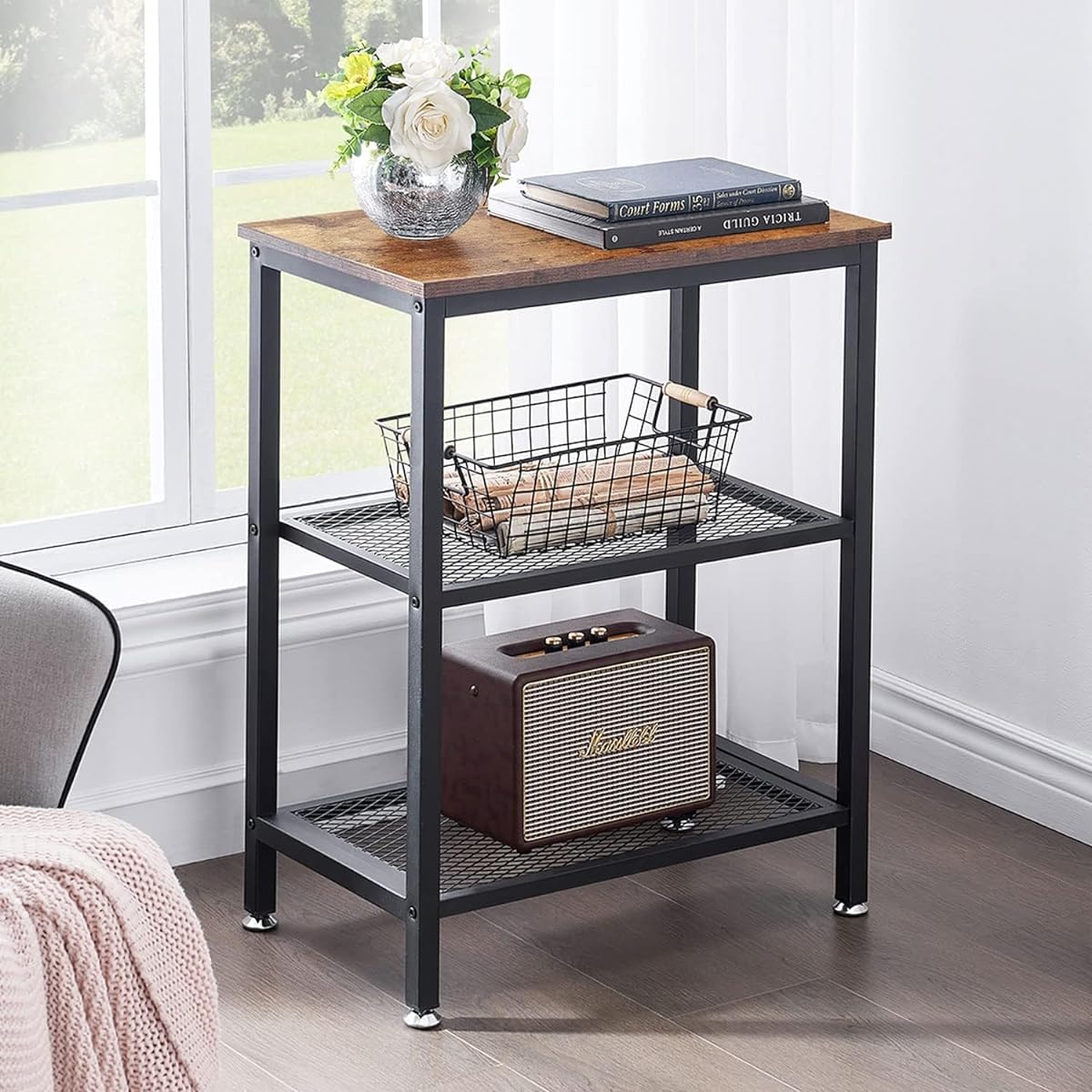 VECELO Side Table, Night Table, Stylish, Open Shelf, Storage Rack, Compact, Bed Area Storage, Small Items Holder, Width 60 x Depth 35 x Height 76 cm, 3 Tiers, Multifunctional Shelf, Easy to Assemble [Regular Japanese Import]