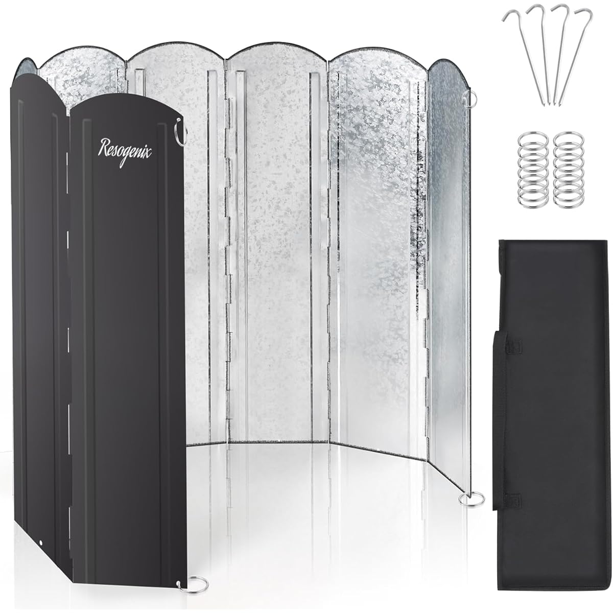 RESOGENIX Windscreen Bonfire Reflector, Black Silver, Double Sided Black, Windshield, Camping, Windbreak, Bonfire Reflector, Large Windshield Board, 8 Pieces, Foldable, Galvanized Steel Sheet, Heat Resistant, Wear Resistant, Bonfire Stand, Barbecue, Camp