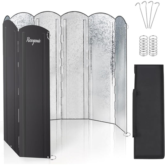 RESOGENIX Windscreen Bonfire Reflector, Black Silver, Double Sided Black, Windshield, Camping, Windbreak, Bonfire Reflector, Large Windshield Board, 8 Pieces, Foldable, Galvanized Steel Sheet, Heat Resistant, Wear Resistant, Bonfire Stand, Barbecue, Camp