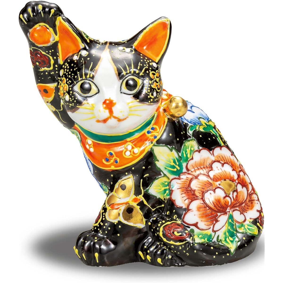 Lucky Cat Ornament, Kutani Ware, Right Hand, Side Sitting Lucky Cat, Black Flowers and Butterflies, Feng Shui, Good Luck, Interior, Japanese Style, Accessories