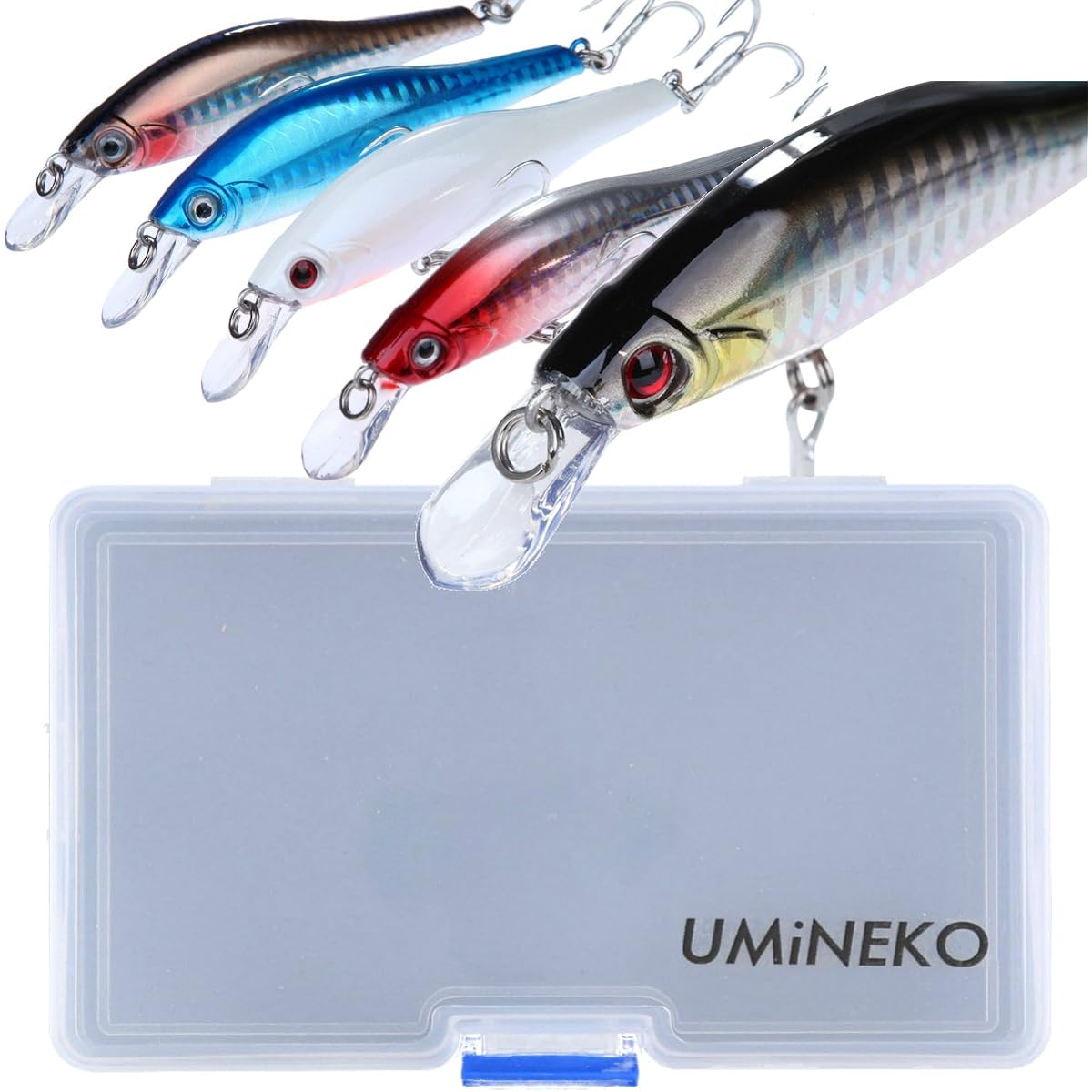 UMINEKO 006-90S Bay Seabass Flounder Sinking Minnow Set of 5 90mm 11.5g Lure with Multi Case Compatible with Seawater, Brackish Water, Freshwater Red Head Pearl White Blue Sardine Black Silver Brown Silver