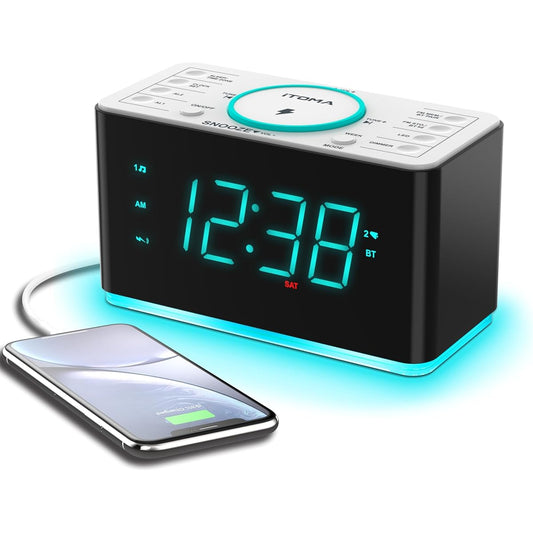 Alarm Clock FM Radio Digital Double Alarm LED Display with Snooze Function Loud Volume Digital Night Light Brightness Adjustment & Volume Adjustment USB 12/24 Hours & DST Bedroom/Office Table Clock Stylish Alarm Tabletop Digital Clock iTOMA CKS207