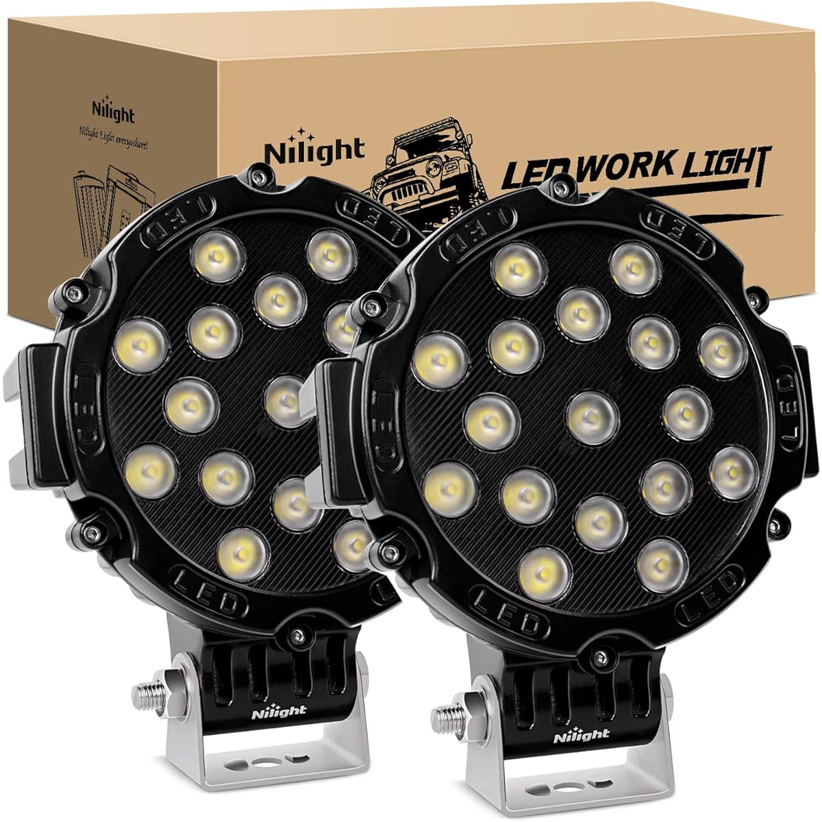 Nilight LED Light Bar 2pcs 7" 51W 5100lm Black Round Flood Light Pod Off Road Fog Driving Roof Bar Bumper for Jeep, SUV Truck, Hunter, 2 Years Warranty