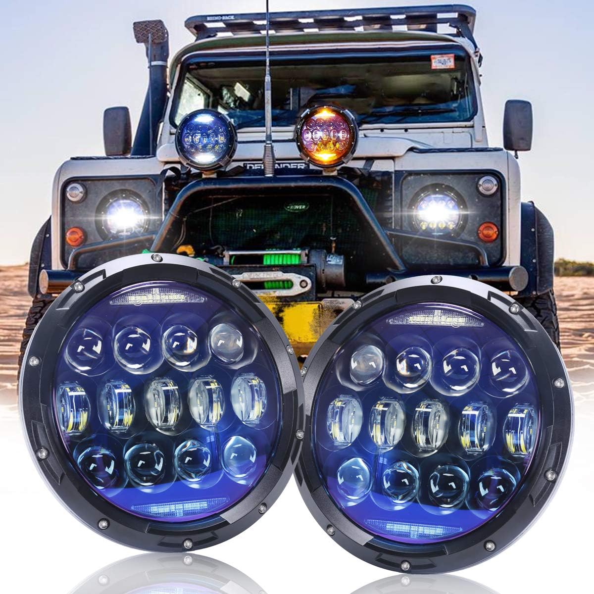 130W 7 -inch Round LED Headlight Blue Lens White DRL and Amber Turn Signal High Lo Beam Greplangler JK JK JK JKU TJ CJ headlamp Hummer H1 H2 compatible (2 pieces)