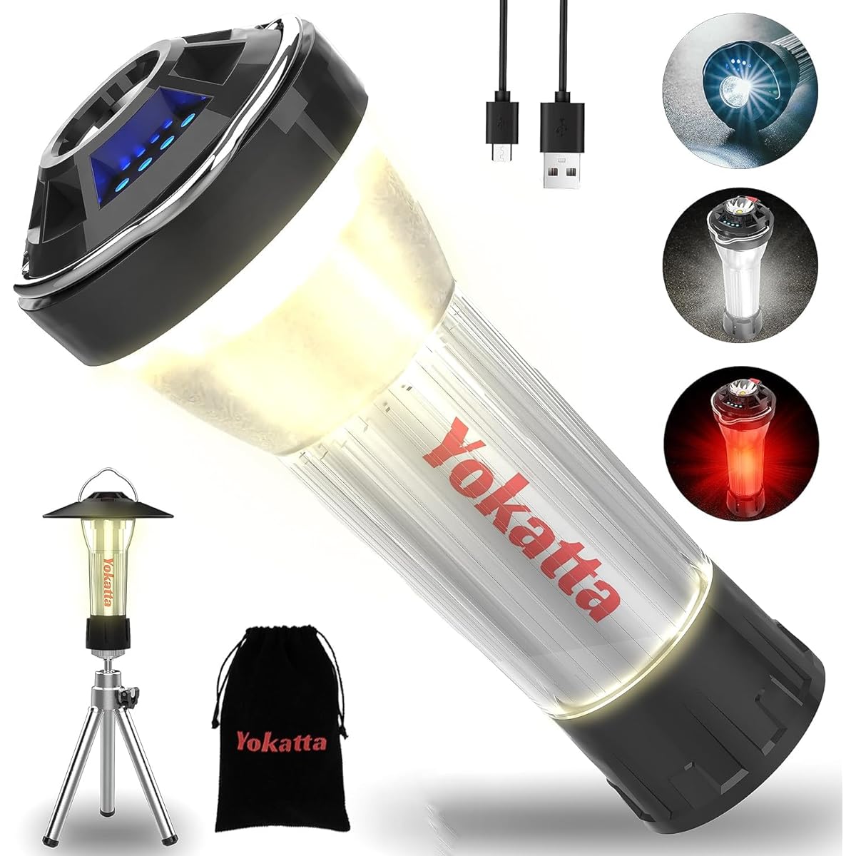 Yokatta LED Lantern, Camping Lantern, 3,000 mAh, Mini Lantern, Only 3.2 oz (90 g), Rechargeable, 4 Lighting Modes, High Brightness (185-375 LM Adjustable), IP45 Waterproof and Dustproof, Metal Tripod,