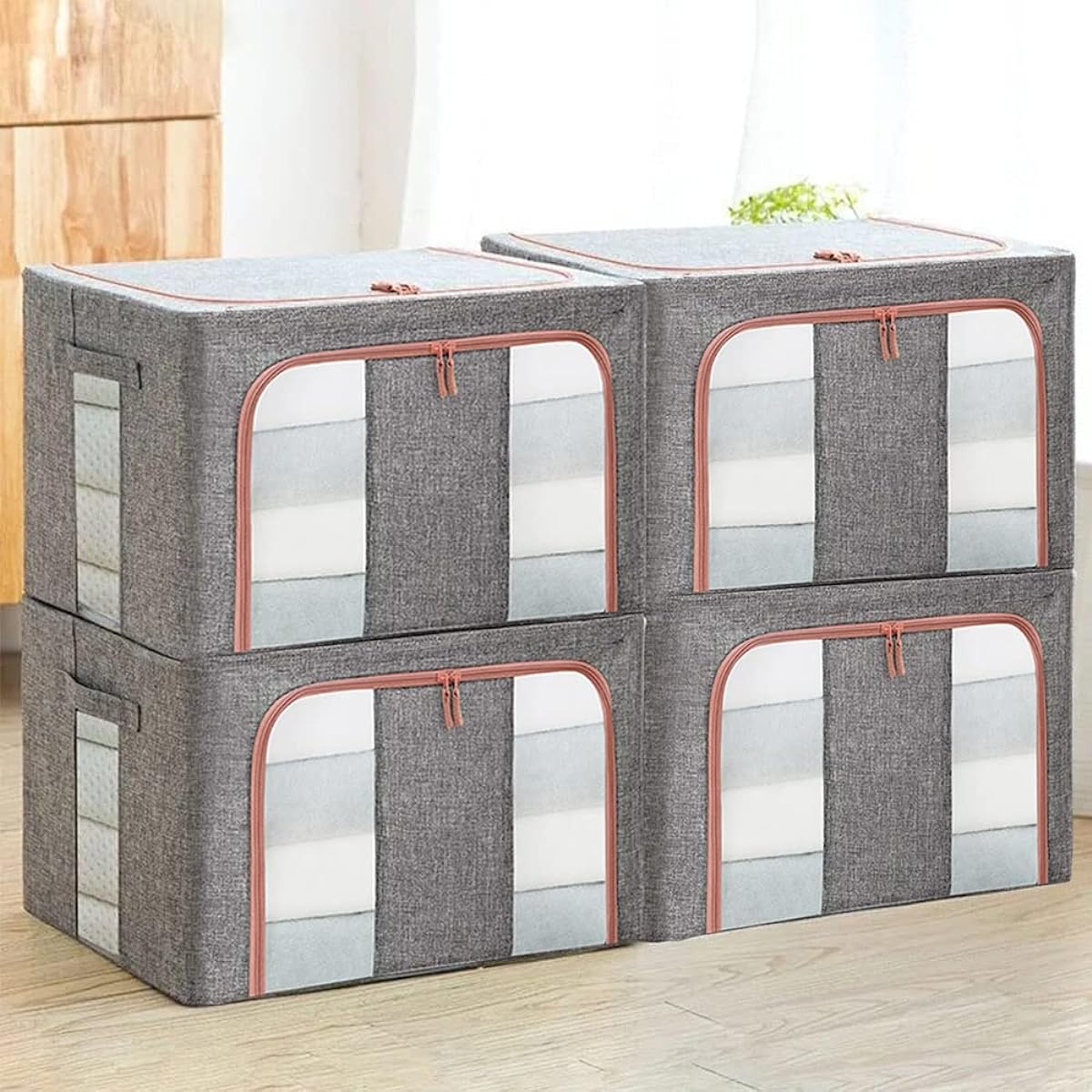 Clothes Storage Box, Large Capacity, Set of 4, Clothes, Storage Box with Transparent Window, Foldable, Clothes Storage Case, Large Box, Storage, Stylish, Water Repellent, Multifunctional, Steel Frame