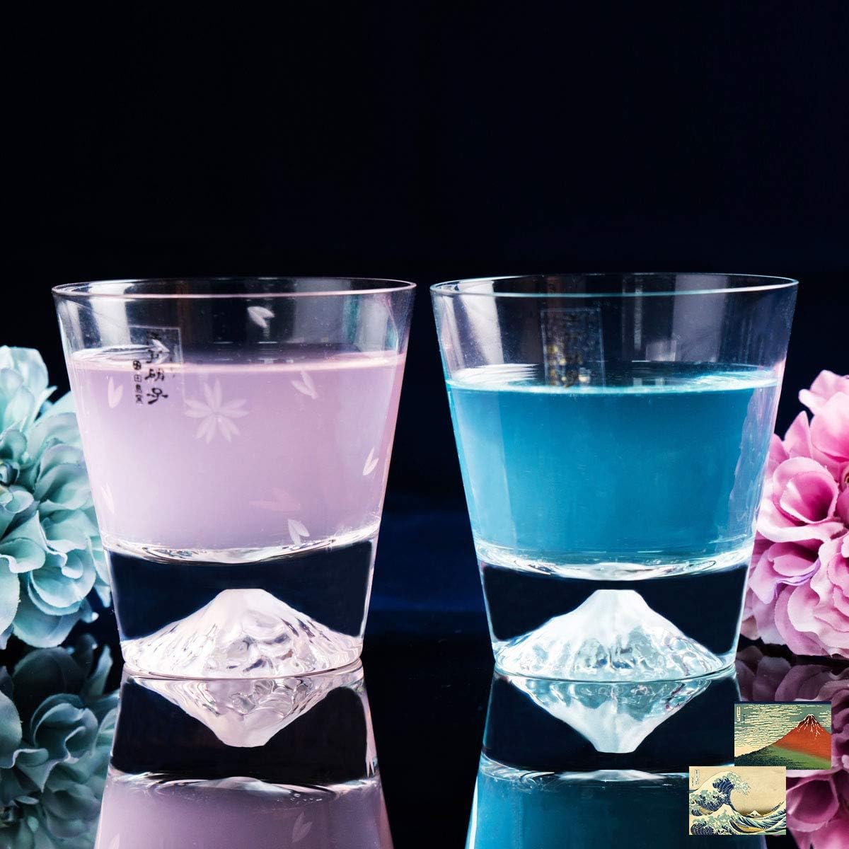 [Mt. Fuji Glass] [Tajima Glass] Mt. Fuji Glass Mt. Fuji Rock Glass (Plain) x Sakura Fuji Rock Glass Pair Set TG15-015-R TG16-015-RS Set of 2 Edo Glass Mt. Fuji Cherry Blossom Whiskey Glass Thirty-Six Views of Mt. Fuji Postcard With