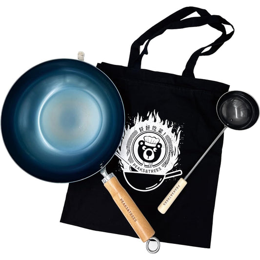 PEAKS&TREES IH Compatible Wok for Camping Ladle with Storage Bag Set Wild Flame Bread 28cm Frying Pan Iron Made in Japan No Seasoning Required Outdoor Cooker Stir-Fry Pot Solo Camping Light Home Use Outdoor Cooking Iron Pot