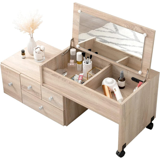 Hagiwara Dresser, Low Type, Telescoping Desk, 2 Outlets, Drawer Included, Cosmetic Storage, Vanity, Compact, Bedroom, Bedside, Wooden, Width 63-110 x Depth 40 x Height 26cm, Natural RD-1627NA
