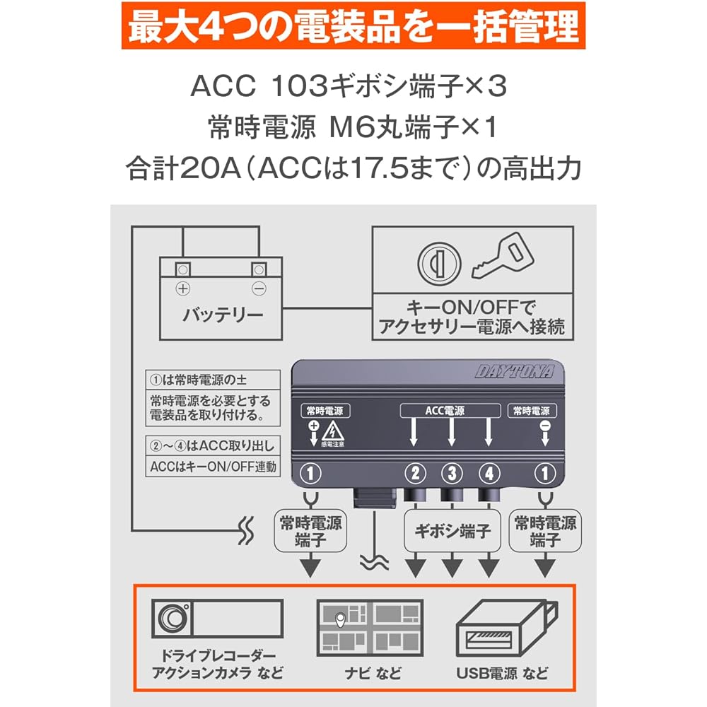 Daytona Motorcycle Accessory Power Supply Unit 3 Systems + 1 System Constant Power Supply Centralized Power Management Total 17.5A D-UNIT Plus (D-UNIT Plus) 16075
