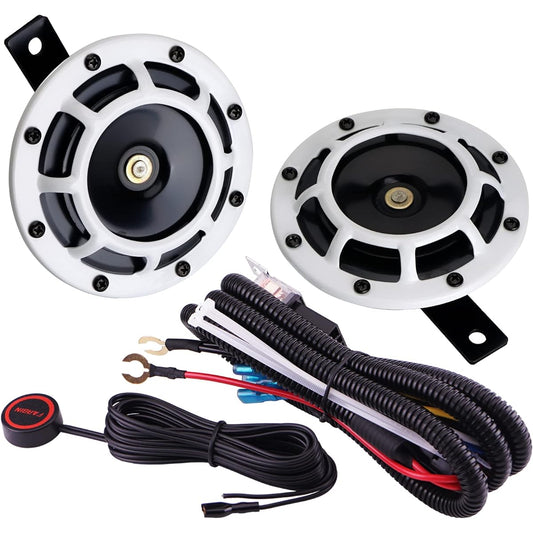 AOLIHAN Cars Train Horn Round Loud Horn Horn Speaker Metal Disc Horn Kit Compatible with 12V cars (White Horn with wires and buttons)