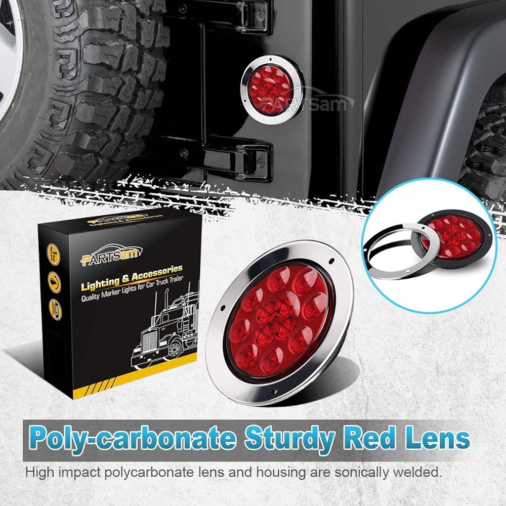 PARTSAM Red 4 + 2 White 4 inch Round LED Stop Turn Tail Backup Reverse Fog Light Flange Mount 12 LED Truck Trailer RV for RV