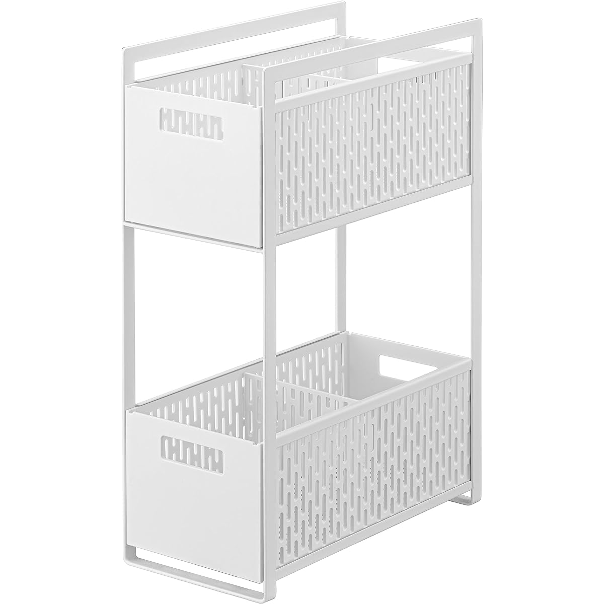 Yamazaki Jitsugyo 5218 Under Sink Storage Basket, 2 Tiers, White, Approx. W16 x D32.5 x H46cm, Tower Sliding Storage Rack with Dividers, Complete Body Product