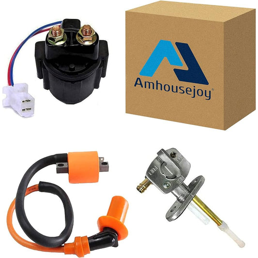 Amhousejoy High Performance Racing Ignition Coil with Starter Solenoid Relay & Fuel Gasoline Petcock for Yamaha Warrior 350 YFM350 Bear Tracker 250 YFM250 Blaster 200 YFS200 ATV Quad Bike 1987-2004