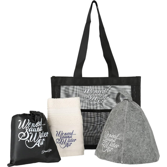 [Primal Blue] Sauna Set, Sauna Hat, Sauna Mat, Face Towel, Mesh Tote Bag, Sauna, Saukatsu, Introductory Set, Toto Camping, Public Bath (White x Green, Felt)