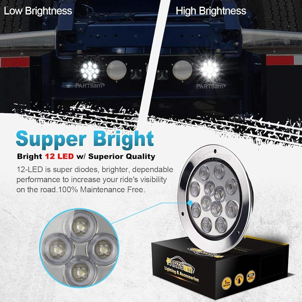 PARTSAM Red 4 + 2 White 4 inch Round LED Stop Turn Tail Backup Reverse Fog Light Flange Mount 12 LED Truck Trailer RV for RV