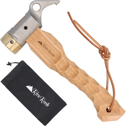 RiveRock Short Peg Hammer Stainless Steel Chestnut Handle Small Canvas Back Compact Brass Head Storage Bag
