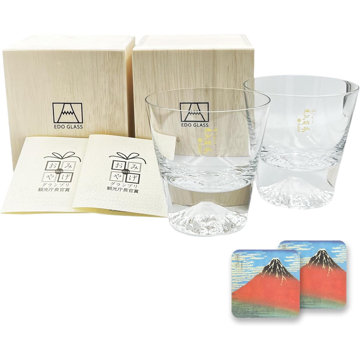 [Bonus set] Tajima Glass Mt. Fuji rocks glass genuine wooden box TG15-015-R x 2 (clear pair set of 2) + Mt. Fuji paper coaster set of 2