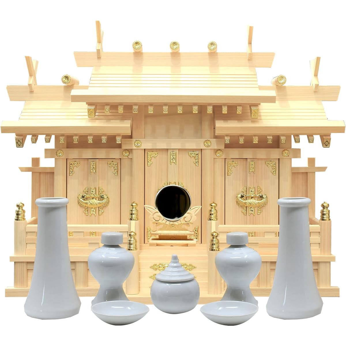 Matsuyama Shinto Buddhist Altar Shop, Shinto Altar, Three Shrines with Different Roofs, Small Shinto Shrine, Divine Mirror Set, Cloud Sticker Included, Made in Japan, Made in Japan, Hinoki Cypress, Width 54cm, Height 44cm, Depth 23cm