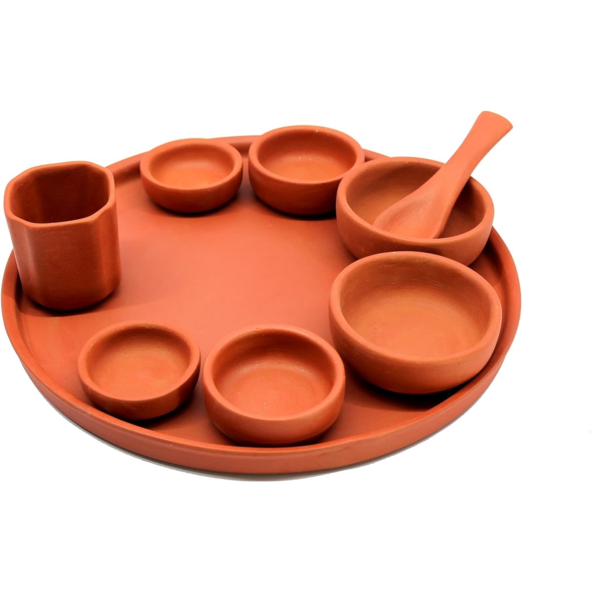 KLEO Clay Terracotta Thali with Bowl, Bhojan Thali | Ceramic Plate Dinner Thali Set (Set of 9)