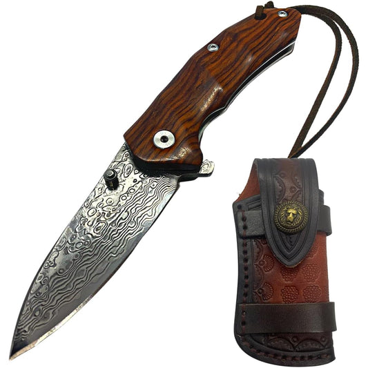 LAGERFEUER Red Sandalwood Rosewood Folding Damascus Knife with Case