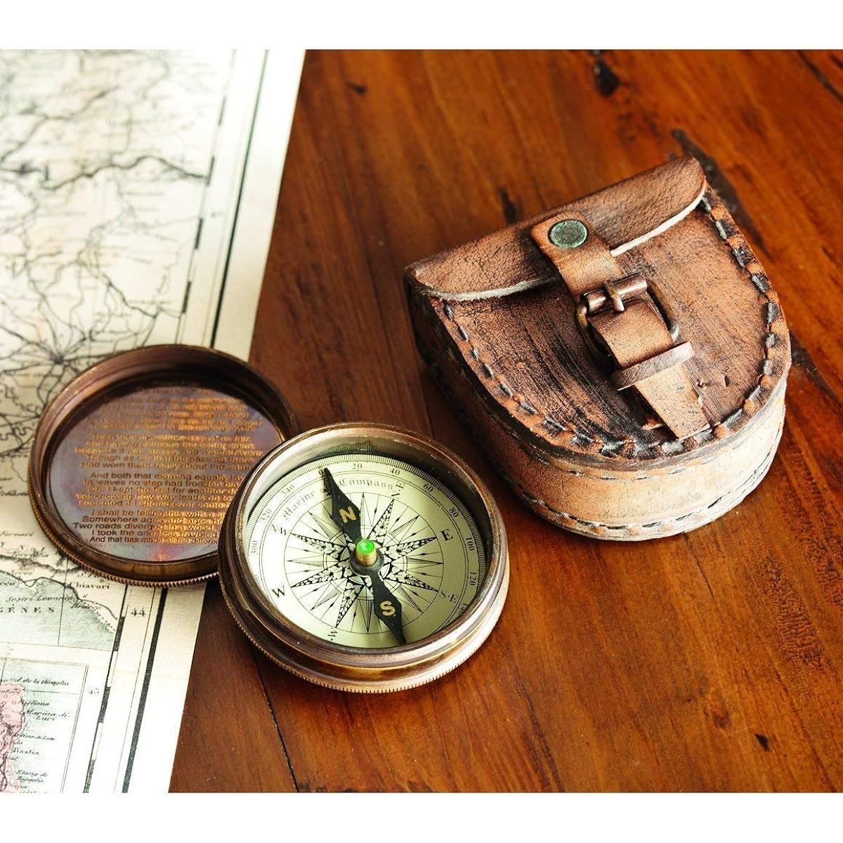 Antique brass poem compass with leather case