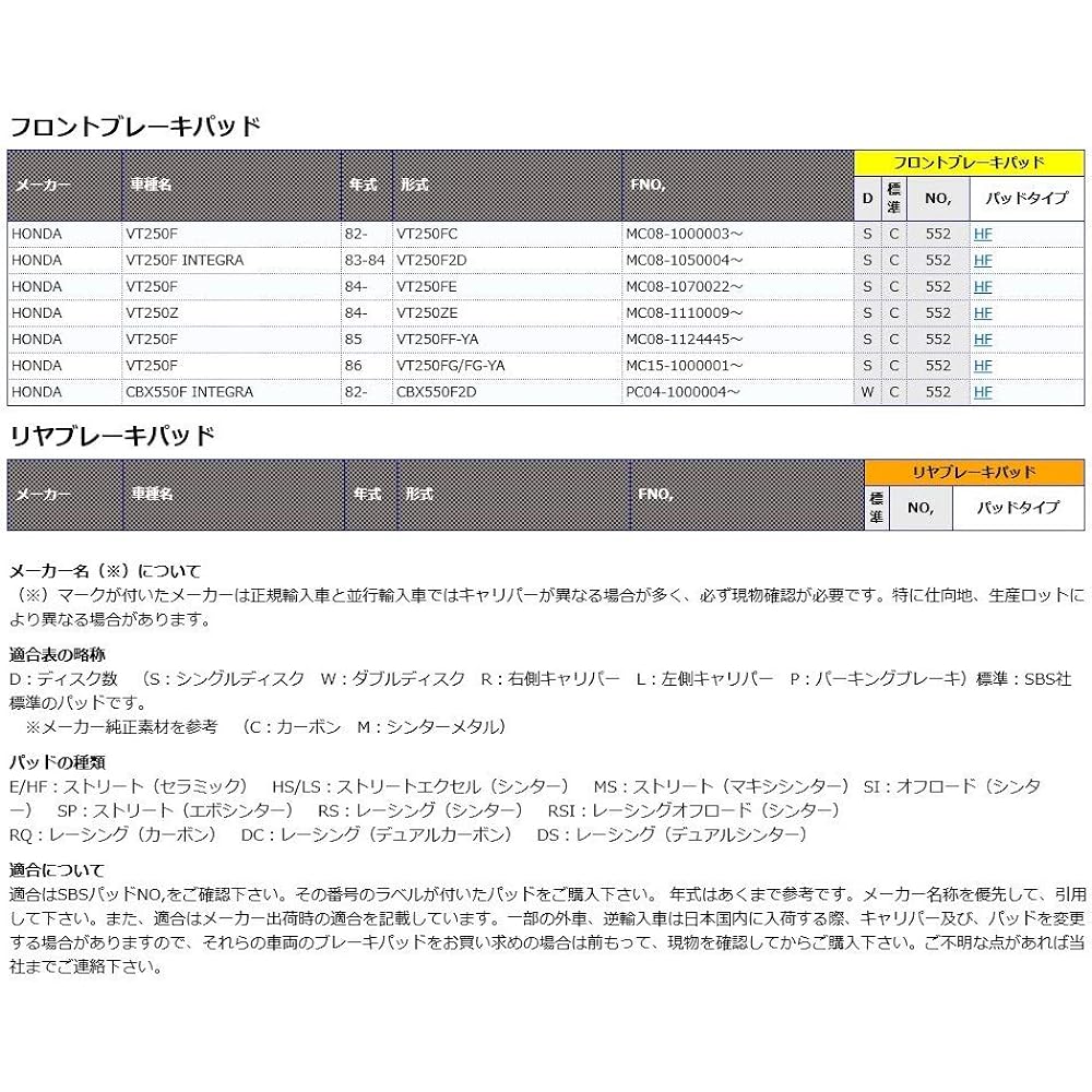 KITACO SBS Brake Pad 552HF Ceramic VT250F VT250Z CBZ550F etc. 777-0552000