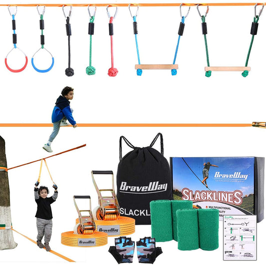 BRAVEWAY Slackline Set Slackline Gibbon Play Equipment Sports Practice Fitness Balance Core Training Outdoor Children Home Use 12 m