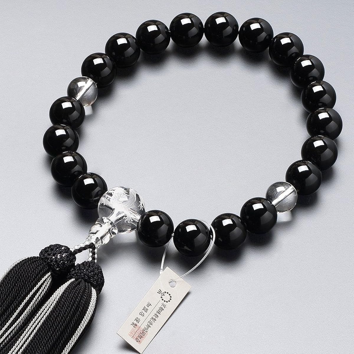 Buddhist Altar Shop Takita Shoten Kyoto Prayer Beads for Men, Black Onyx, Dragon Carved Crystal, 20 Beads, Pure Silk Tassel with Head, Bead Bag Included, Can Be Used by All Sects, Certificate Included
