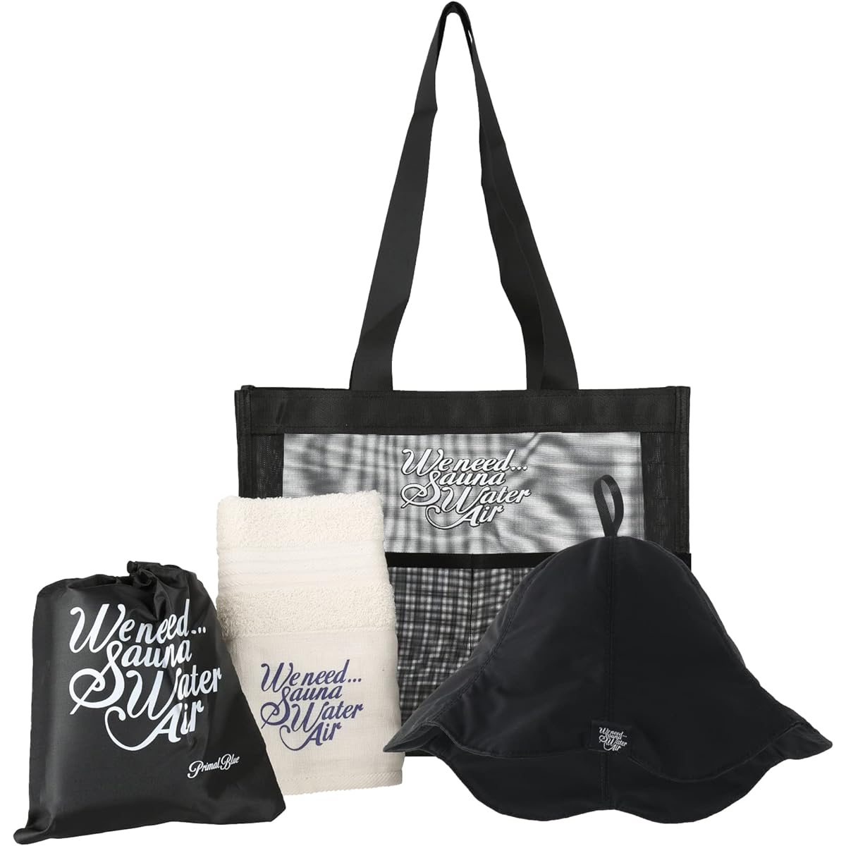 [Primal Blue] Sauna Set, Sauna Hat, Sauna Mat, Face Towel, Mesh Tote Bag, Sauna, Saukatsu, Introductory Set, Toto Camping, Public Bath (White x Green, Felt)