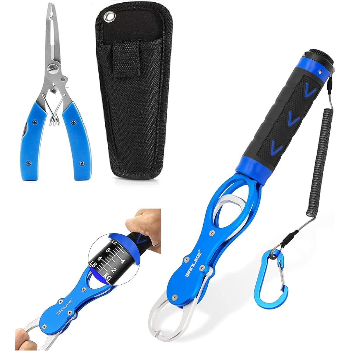 SANLIKE Fish Grip with Weighing and Measuring Function, Fish Catcher, Fish Grip, Made of Aluminum, Rust-proof, Comes with Shitte Rope, Measurement, Available in 2 Colors: Blue/Red
