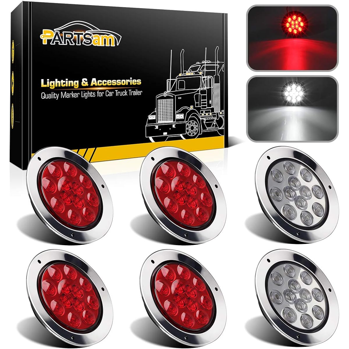PARTSAM Red 4 + 2 White 4 inch Round LED Stop Turn Tail Backup Reverse Fog Light Flange Mount 12 LED Truck Trailer RV for RV