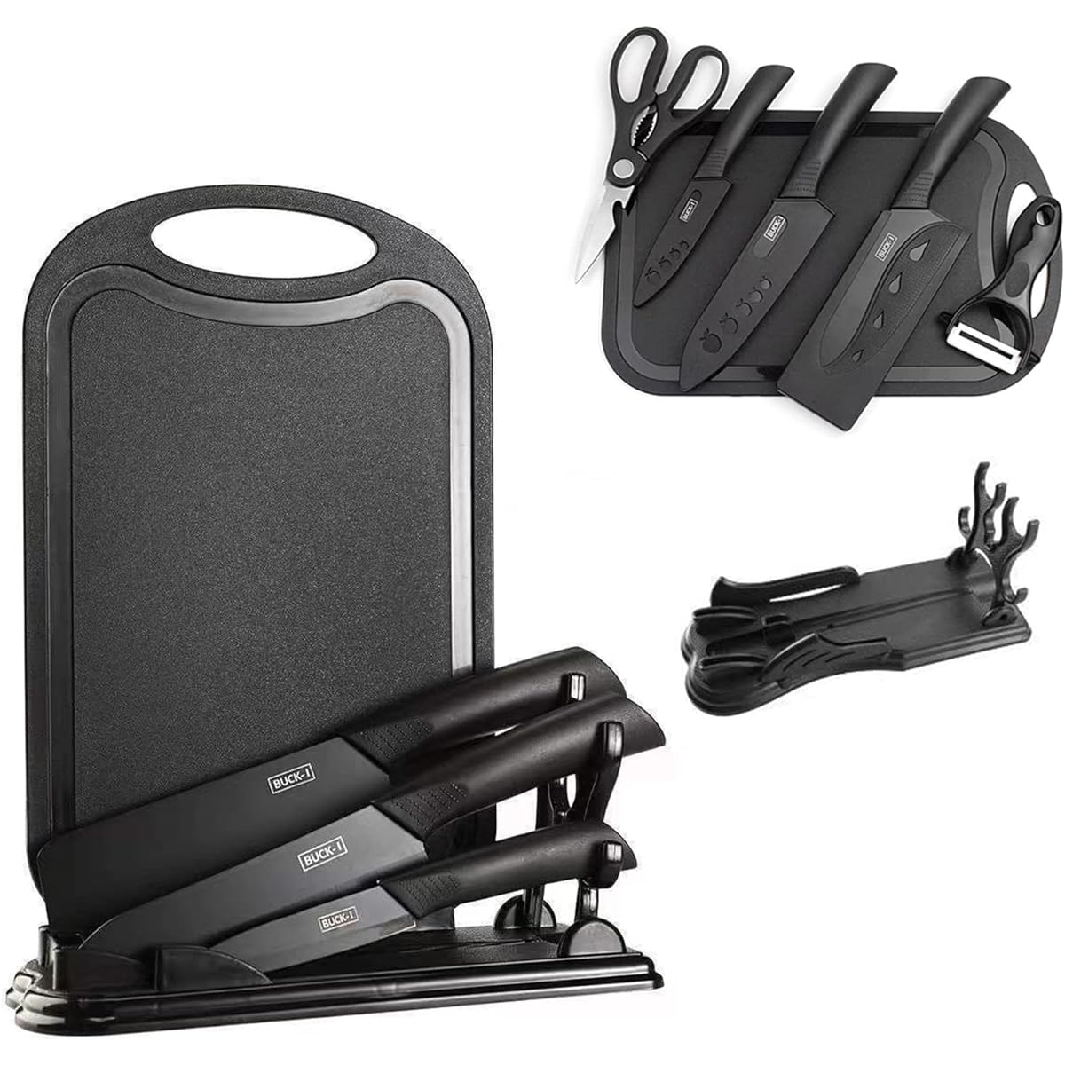 Irai Utaki Knife Set, Nakiri Knife, Kosantoku Knife, Petty Knife, Peeler, Kitchen Shears, Cutting Board, 6 Piece Set, with Stand, Black Blade, Stainless Steel, Antioxidant, Cookware Set, for Home Use, Model Number BUCK-1 Black