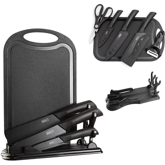 Irai Utaki Knife Set, Nakiri Knife, Kosantoku Knife, Petty Knife, Peeler, Kitchen Shears, Cutting Board, 6 Piece Set, with Stand, Black Blade, Stainless Steel, Antioxidant, Cookware Set, for Home Use, Model Number BUCK-1 Black