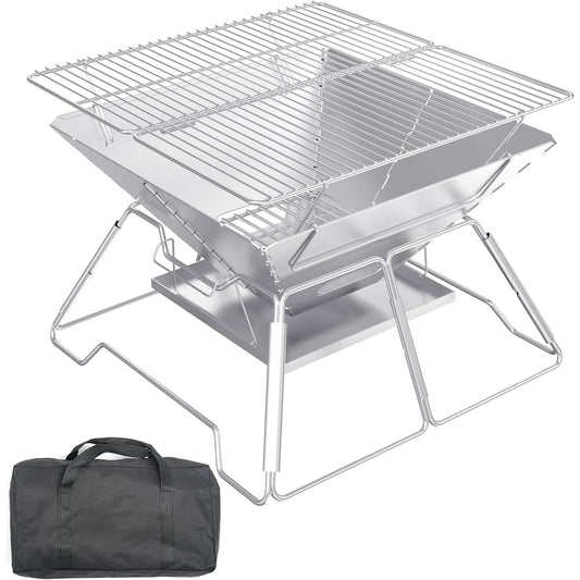 Campgeeomo Bonfire Stand Compact Solo Lightweight Camping Outdoor BBQ Grill Barbecue Foldable Large Size for 2-4 People Stainless Steel Storage Bag Included