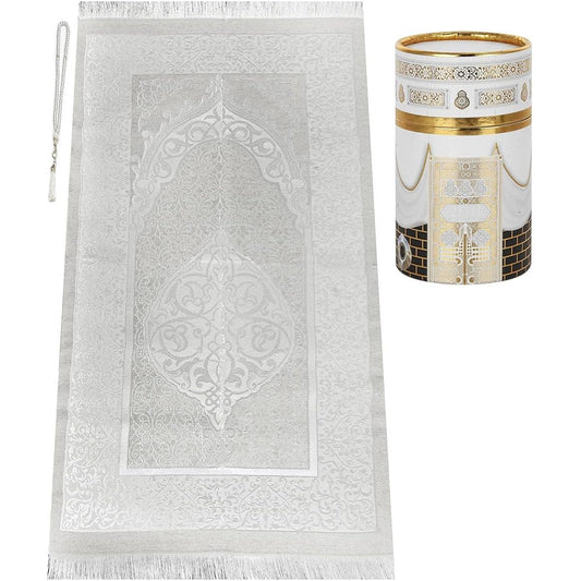 Muslim Prayer Rug and Prayer Beads Elegant Design Cylinder Gift Box | Janamaz | Sajadah | Soft Islamic Prayer Rug | Islamic Gift Set | Prayer Carpet Mat Taffeta Fabric White/Mod2
