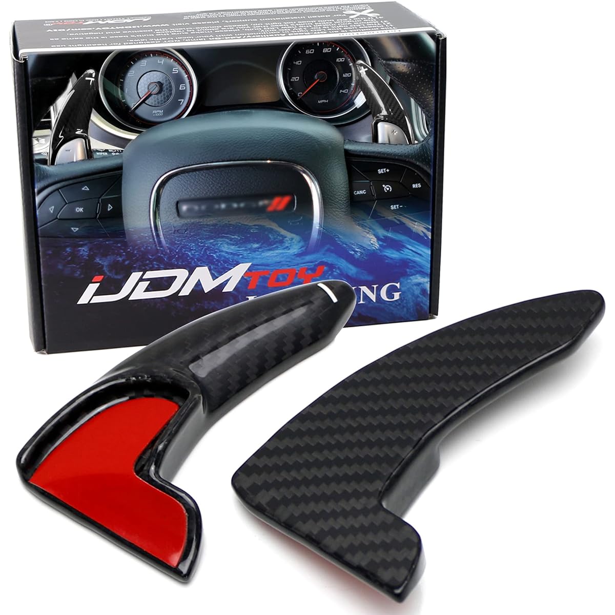 IJDMTOY High glossy black genuine carbon fiber fiber handle large paddle shifter extension cover Challenger charging durer duremo, compatible with Grand Cherokee 300/300c