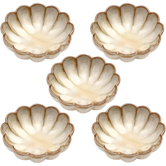 Mino ware "Kato Kenji" Gohonte Chrysanthemum-shaped three-legged small bowl, bowl, plate, diameter approx. 11cm, tableware set of 5, made in Japan, 532-0036s