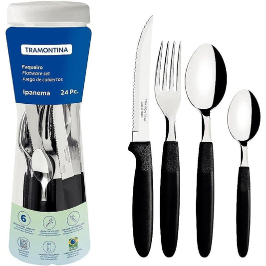 Tramontina Ipanema Tableware set of 24 with case that can be used as cutlery stand Stainless steel cutlery set for easy storage Black Dishwasher safe Lightweight Gift Made in Brazil 23399/091 TRAMONTINA