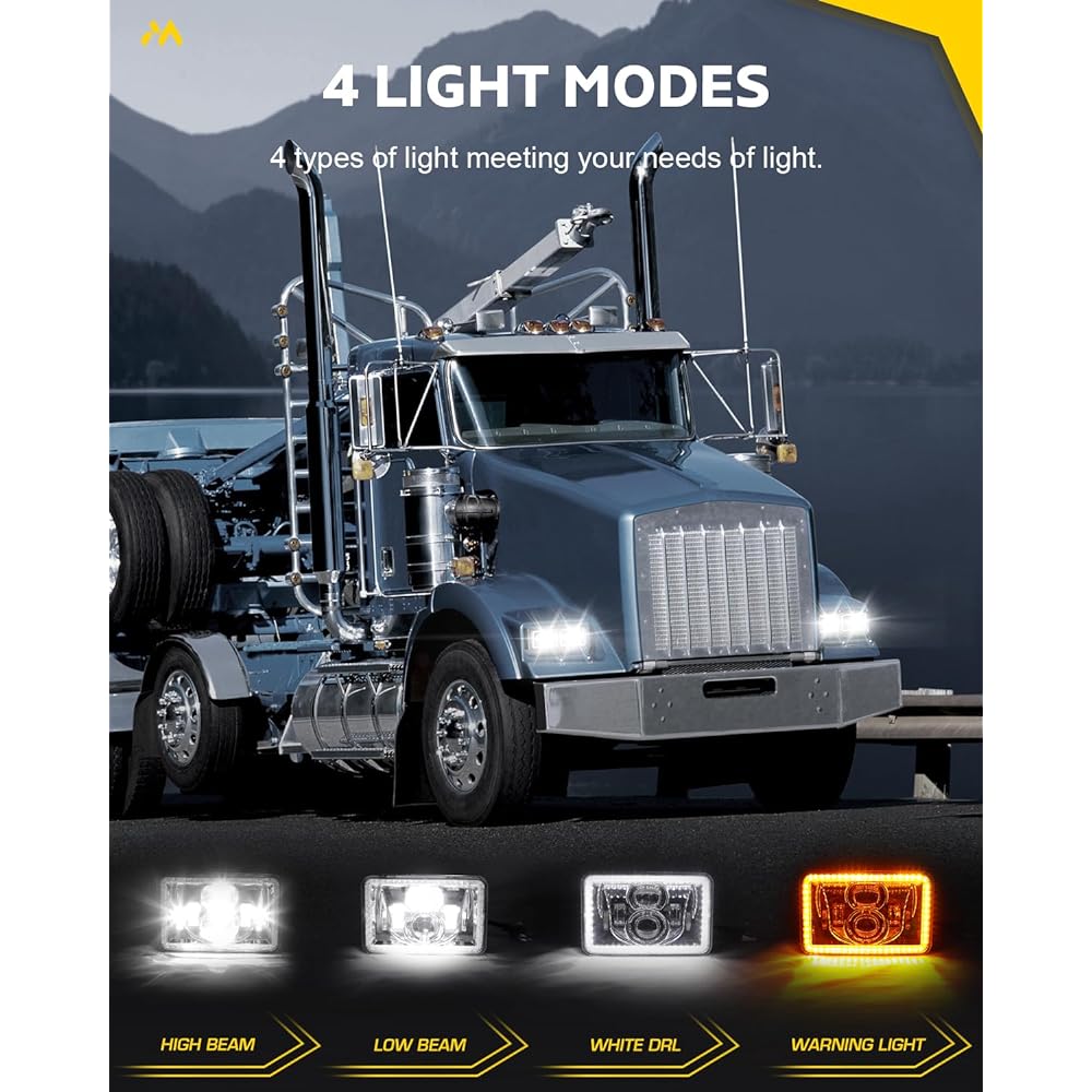 Mayello 4x6 LED Headlight DOT approval HI/LO Sealed Beam DRL Amber Winker Light replacement Assembly H4652 H4656 H4656 H4656 H6656 H6545 FREIGHTLINER PeterBilt Kenwort Kenwort compatible Chrome