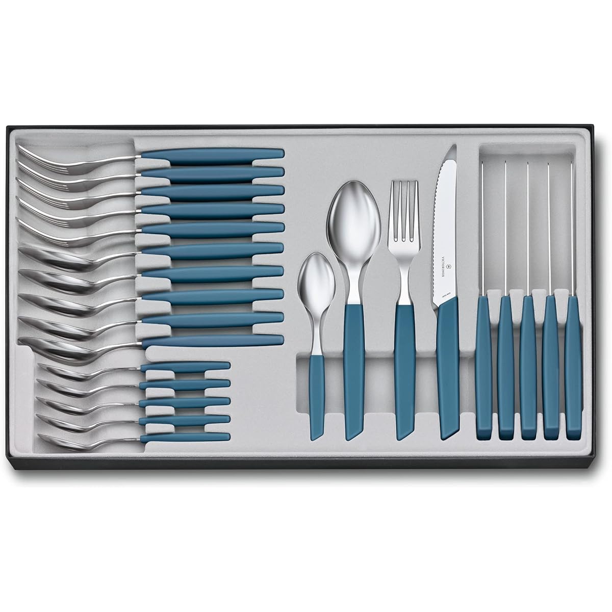 VICTORINOX Cutlery Table Set, Fork, Steak Knife, and 24 Spoons Set, Cornflower, Elegant Ergonomic Table Set to Decorate Your Dining Table, Dishwasher Safe, Swiss Modern 6.9096.11W2.24