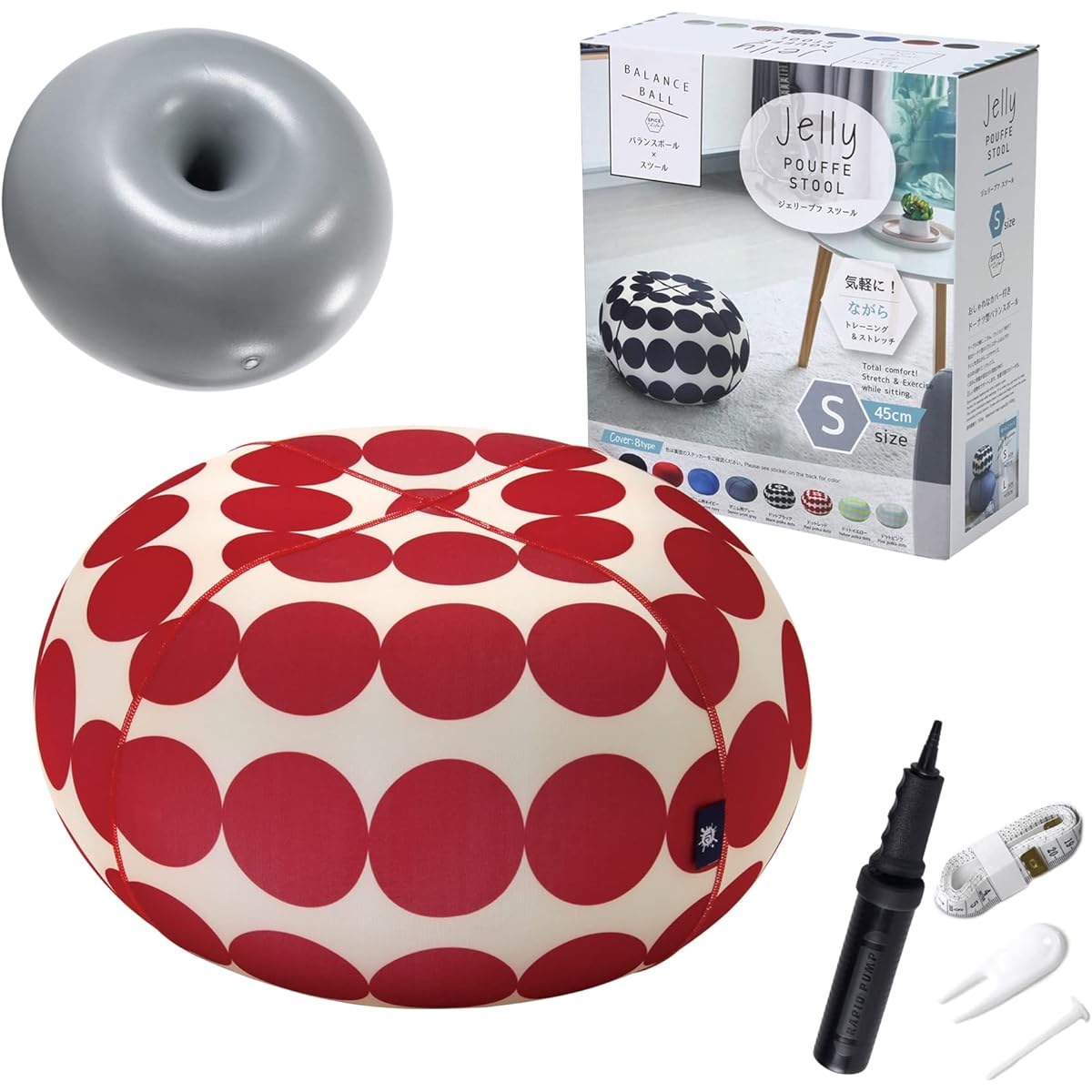 SPICE OF LIFE Donut Ball Jelly Pouf Stool Dot Red S Size 45cm Donut Cushion Balance Ball Anti-Burst Air Pump YDLZ2045DRD