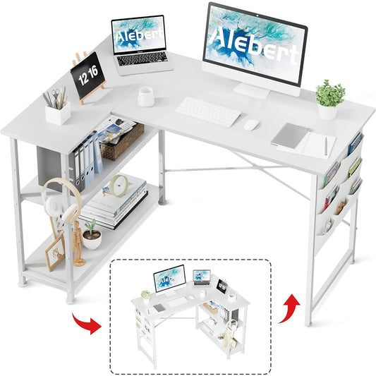 Alebert Desk L-shaped Desk Computer Desk "One Year Manufacturer's Warranty" Width 107cm Desk PC Desk Study Desk Table Work Desk Gaming Desk Desk with Rack L-shaped Desk Work Desk Office Desk Corner Desk Game Desk Adjustable Shelf Height Space Saving ( wh