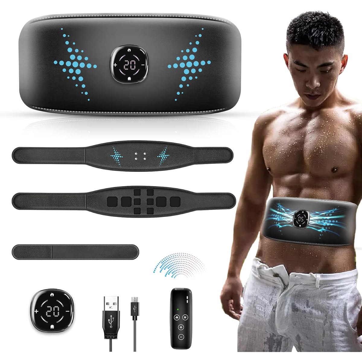 Abs Belt EMS Abs Belt No Else Sheet Required Strong Model 10 Types Modes 10 Pieces Conductive Cloth 20 Levels Strength Abs Machine Muscle Training Abs Machine Abs Pad No Consumable Gel Sheet Required Extension Belt Added LCD Display Unisex USB Rechargeab